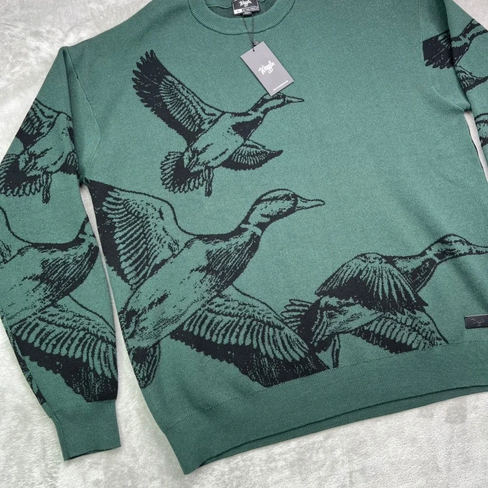 Waggle Migration Wildknit Sweater Mens 2XL Green Black Duck Graphic Crewneck‎